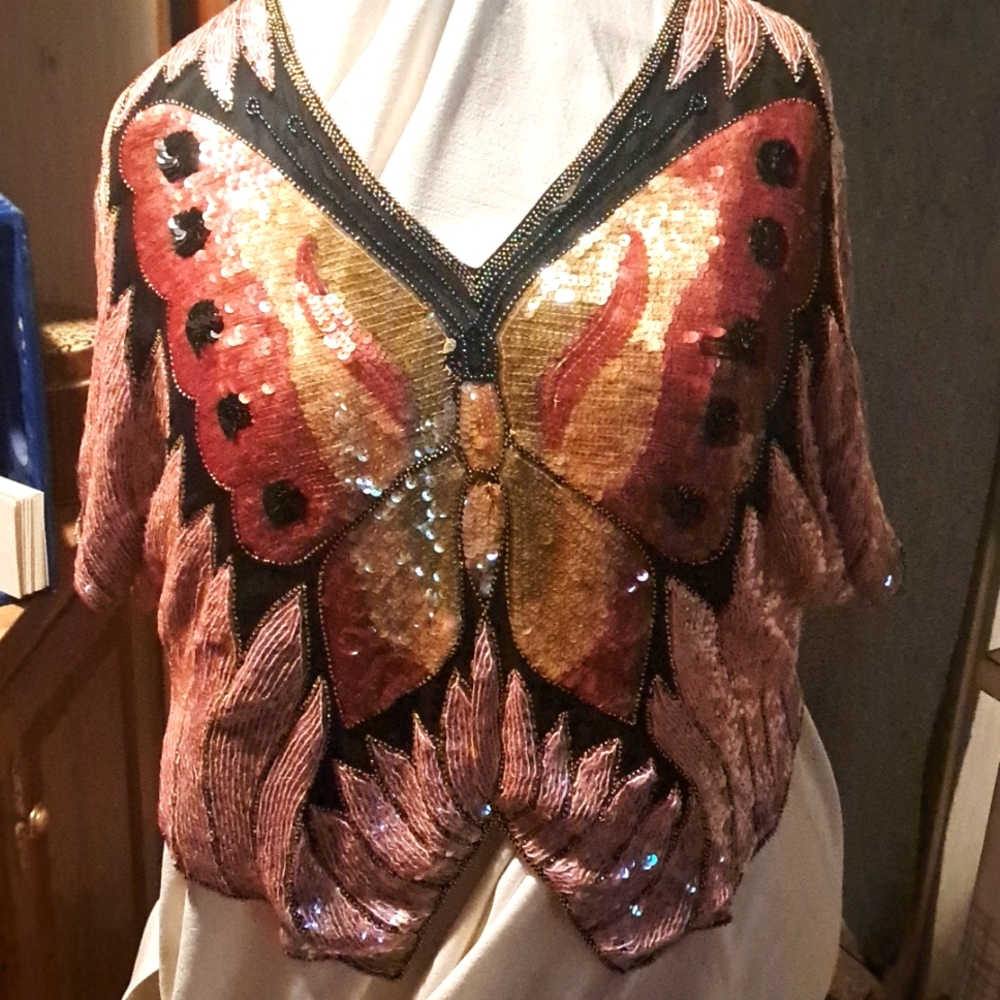 VINTAGE 70s sequin butterfly shirt sz Small